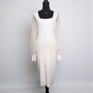Dylan Ryan NY Pearl-sleeve Square Neck Midi Dress Bright White NWT XL